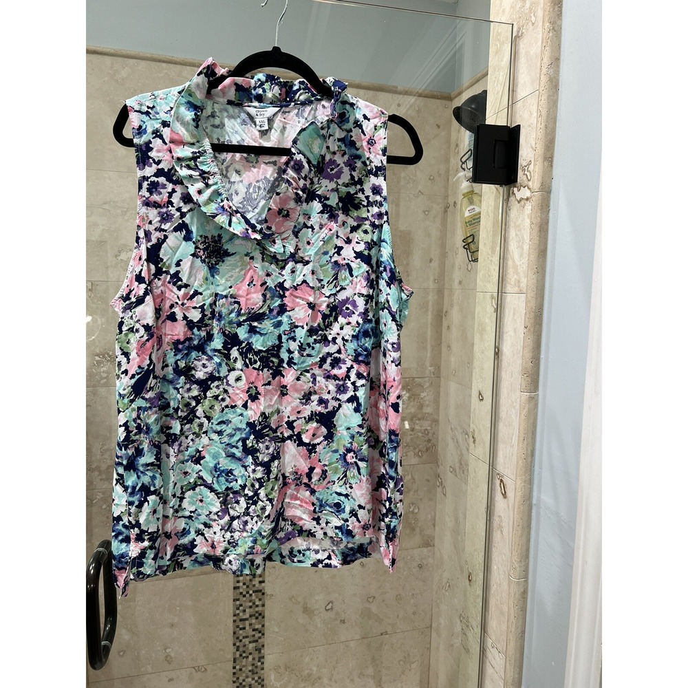 Crown & Ivy Floral Sleeveless Ruffle V-Neck Blouse Multicolor Rayon XXL 2X